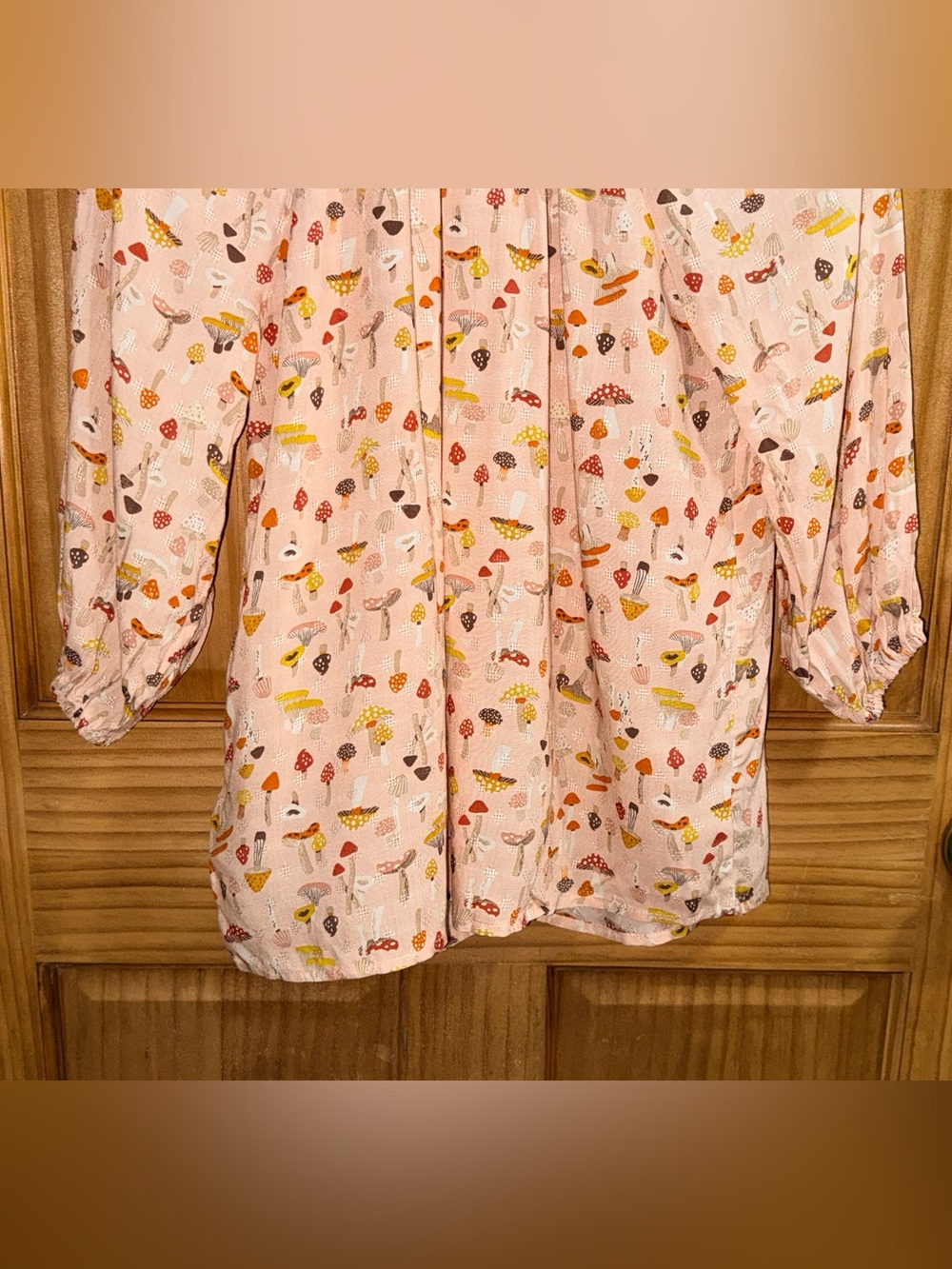 NWT Wallpapher Pale Pink Mushroom-Print Peasant BD Shirt w/Multicolor Accents-S - Picture 9 of 10